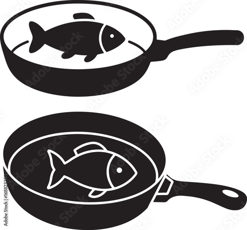 Two fish cooking in frying pan silhouette