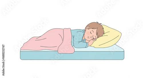 Cartoon illustration of a child sleeping peacefully in a bed.