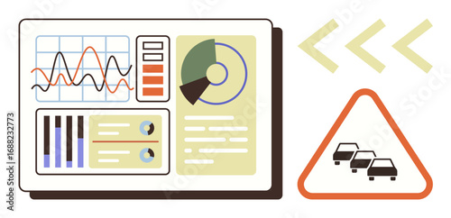 Dashboard screen showing graphs, charts, and analytics beside a traffic congestion warning. Ideal for transportation, data analysis, urban planning, safety, monitoring, traffic management simple