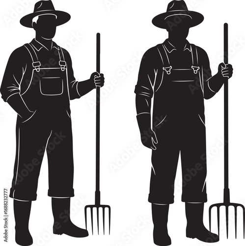 Two farmers with pitchforks silhouette