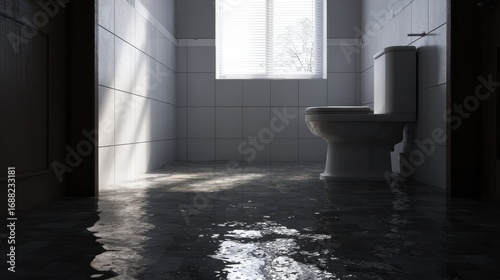 Beautiful photo of water overflowing toiliet down on to floor causing water damage , realistic style.