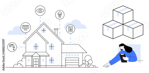 Smart house with IoT icons for security, lighting, appliances, alongside packing boxes and a user checking a tablet. Ideal for technology, logistics, smart living, eco systems, remote control future