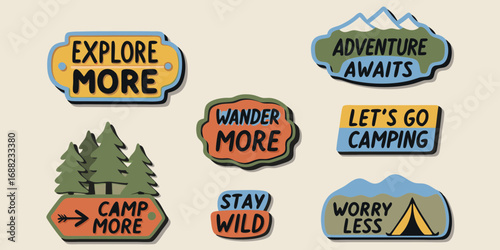 Collection of inspirational outdoor adventure stickers with motivational phrases for travel and exploration