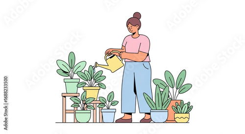 A woman waters her indoor plants with a yellow watering can, tending to the greenery.