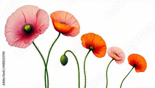 Five Poppies in Various Stages of Bloom on White Background flowers floral