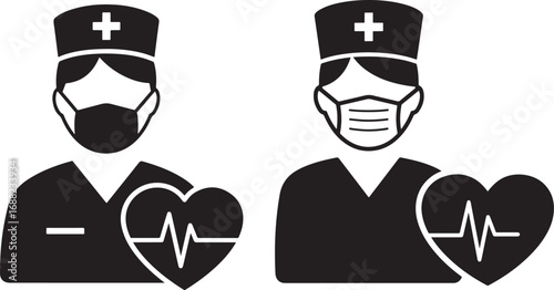 Two medical professionals holding heartbeat icons silhouette