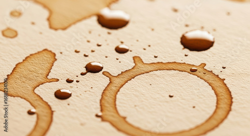 Circular Brown Stain on Textured Beige Paper Surface Macro Detail