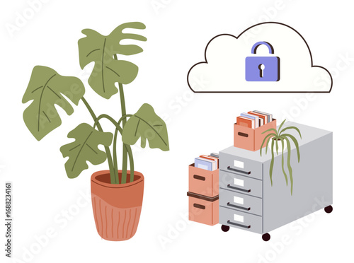 Cloud security lock above filing cabinet with folders and potted plants, blending nature and technology. Ideal for data protection, office management, cloud storage, confidentiality, organization