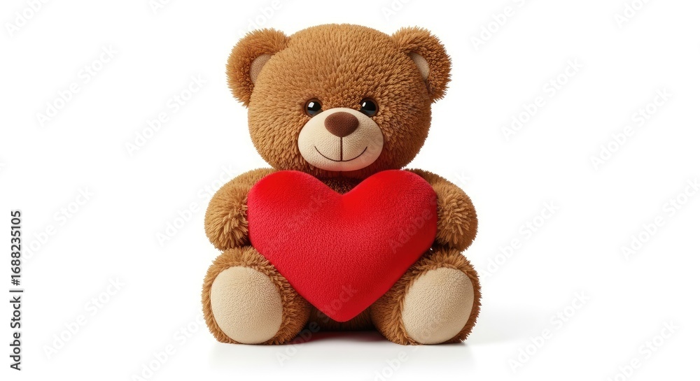 Obraz premium Cute Brown Teddy Bear Holding a Red Heart on a Pure White Background