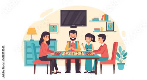 A family enjoys a game night together around a table in their living room.