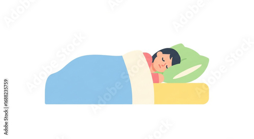 A young child peacefully sleeps soundly under a light blue blanket on a yellow bed.