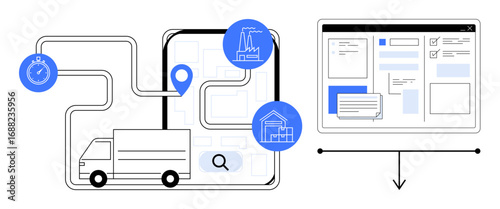 Truck navigating a mapped route, icons of supply chain elements, and analytics on a screen. Ideal for supply chain, logistics, delivery, route optimization, tracking, data analysis productivity
