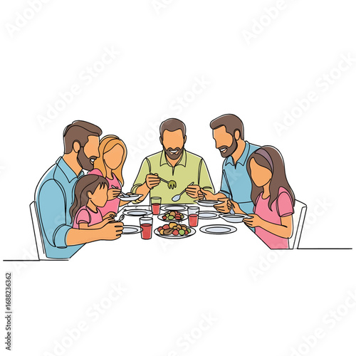 Family Sharing Meal Together at White Table in Minimalist Line Art Style Illustration