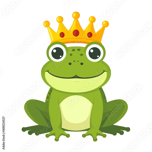 Smiling Green Frog with Golden Crown Pixel Art on White Background