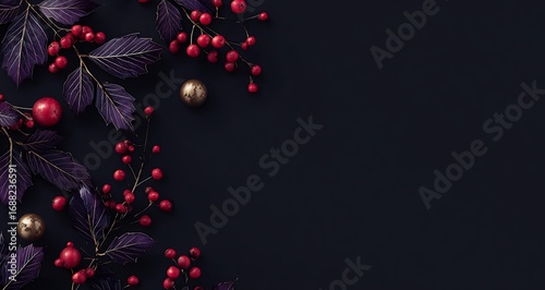 A dark purple background with Christmas decorations, such as holly leaves and berries