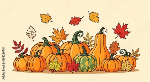 Vibrant Autumn Harvest Illustration with Assorted Pumpkins and Colorful Fall Leaves on a Warm Beige Background
