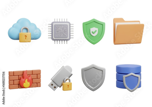 Data security measures illustrated through a series of 3D icons