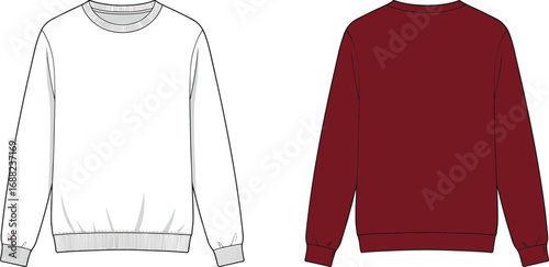 Crewneck sweatshirt template front and back view, fashion flat sketch, vector clothing design, unisex pullover mockup, casual apparel outline, hoodie alternative graphic illustration