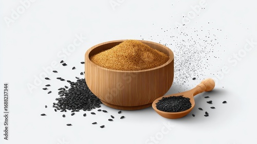 Beautiful photo of vector illustration of ellu podi (sesame powder), traditional South Indian chutney powder, shown as a small wooden bowl filled with golden-brown sesame powder.