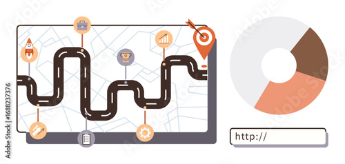 Curved path with milestone icons, target marker, pie chart, and web address input field. Ideal for strategy, progress, development, goals marketing analytics planning. Simple flat metaphor