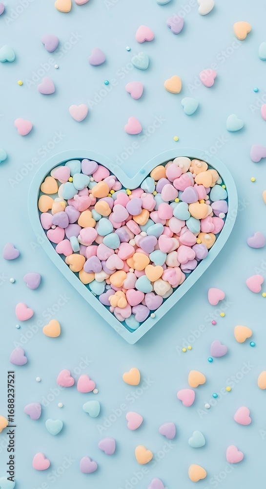 Obraz premium Heart Shaped Bowl Filled With Pastel Heart Candies On Blue Background candy sweet