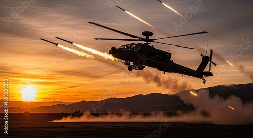 Apache Helicopter Firing Rockets and Flares During Sunset Military Operations in Desert Mountains