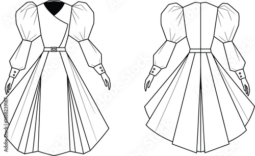 Elegant vintage puff sleeve dress design, long gown fashion sketch, stylish women clothing apparel, cad drawing flat vector illustration