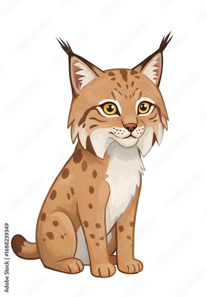 Obraz premium Cute Cartoon Lynx Sitting with Spotted Fur and Yellow Eyes png clear alpha channel cutout isolated on transparent background