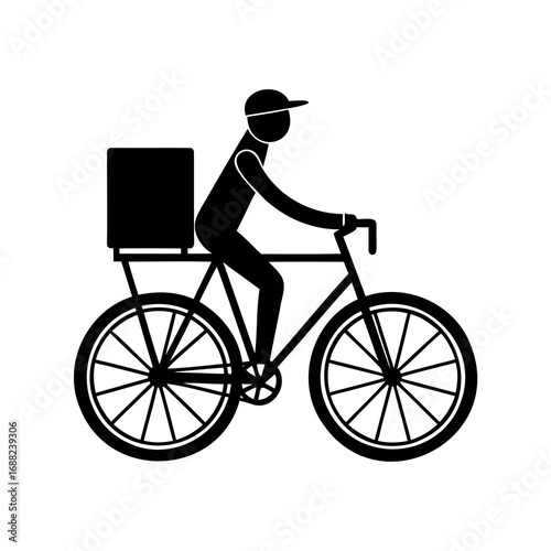 Silhouette of a bicycle delivery person with box isolated on white