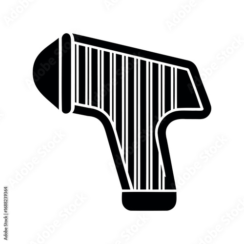 Stylized black and white illustration of a vertical stringed harp musical instrument