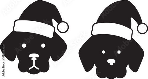 Two adorable dog faces wearing santa hats silhouette