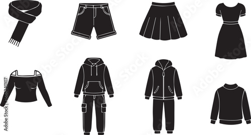 Assortment of black silhouette clothing items and accessories arranged in a grid on a white background Keywords: scarf, shorts, skirt, dress, off-the-shoulder top, cargo pants, hoodie, sweater