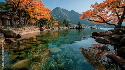 Autumn scenery with leaves reflected in calm water under a clear sky