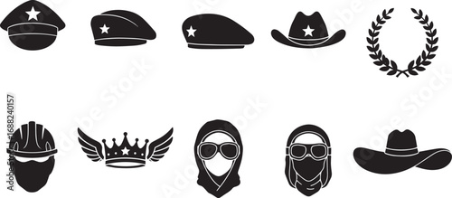Assortment of Black Silhouette Headwear and Emblems on White Background helmet beret