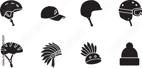 Assortment of black silhouette headwear and headdresses on a white background Keywords: helmet, cap, beanie, headdress, Native American headdress, goggles, motorcycle helmet, cycling helmet, winter