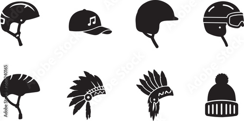 Assortment of black silhouette headwear and headdresses on a white background Keywords: helmet, cap, beanie, headdress, Native American headdress, goggles, motorcycle helmet, cycling helmet, winter