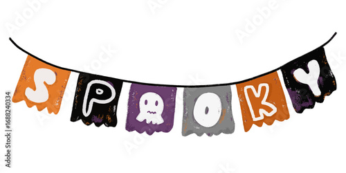 Cute hand drawn spooky text word quotes halloween garland bunting flag in pastel color kids watercolor triangle bunting flag with spider skeleton. Orange yellow purple colorful pastel bright color