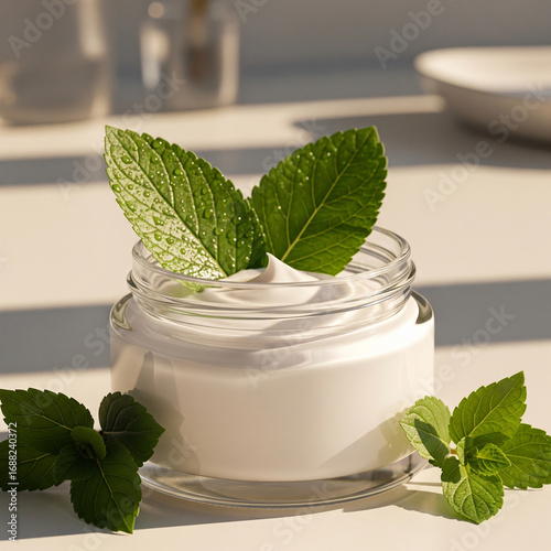 Refreshing mint-infused natural skincare cream in a pristine jar, highlighting organic beauty and wellness for healthy skin