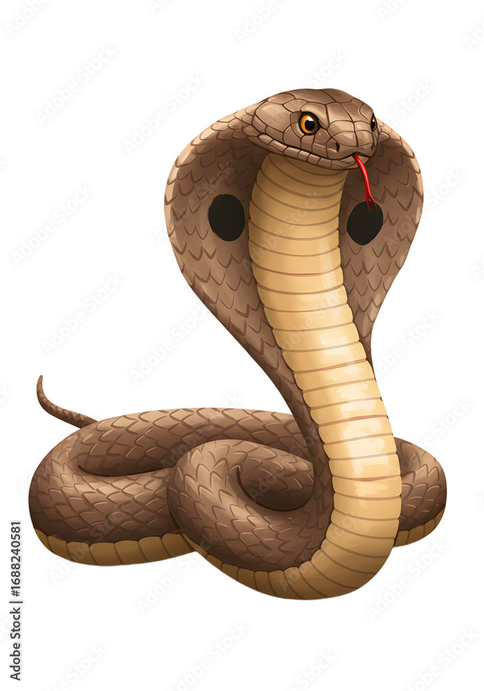 Fototapeta premium Illustration of a King Cobra snake with hood flared, striking pose png clear alpha channel cutout isolated on transparent background