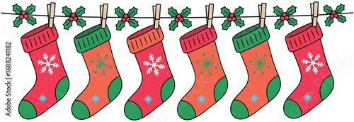 Christmas Stockings Hanging on a Clothesline with Holly and Berries holiday decoration