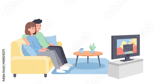 A cartoon couple sits on a couch, watching television in a simple living room setting.