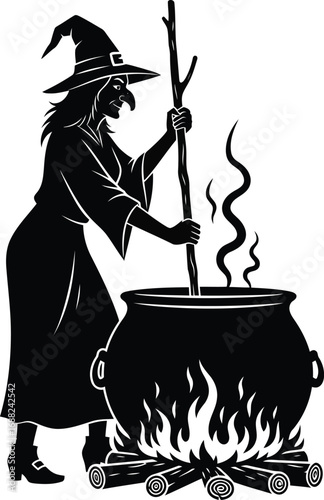 Witch brewing potion in cauldron over fire with stirring stick halloween celebration vector