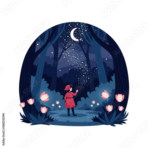 Enigmatic Night Forest Scene Featuring a Woman in Red Coat Under a Crescent Moon with Glowing Flora in a Deep Blue Pixelated Landscape
