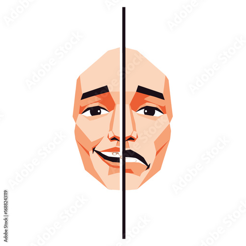 Contrasting Expressions Facial Asymmetry Vector Illustration in Peach Tones Divided by Line Isolated on White Background Mood Swings or Bipolar Disorder Concept