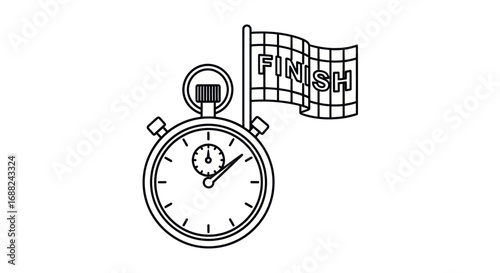 Stopwatch and checkered finish flag line art illustration representing competition and completion.