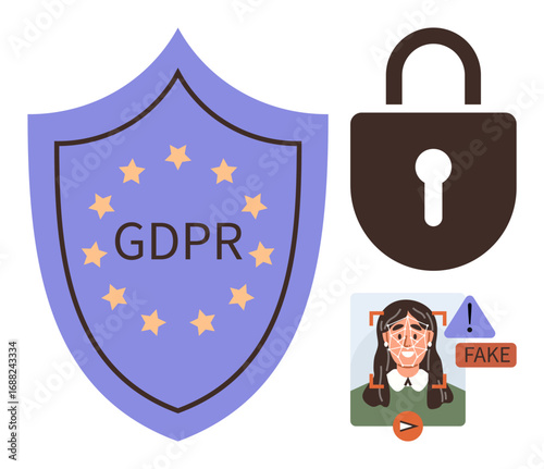 Shield labeled GDPR, lock symbol for security, deepfake video with FAKE alert. Ideal for privacy laws, cybersecurity, identity protection, digital ethics, AI misuse, data safety simple flat metaphor