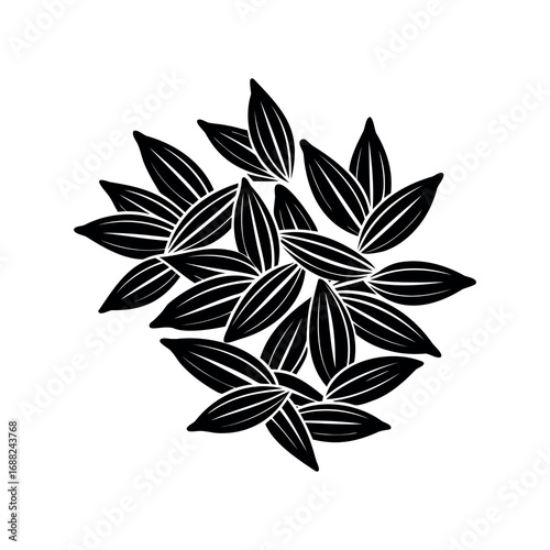 Graphic floral arrangement of stylized black leaves on a white background