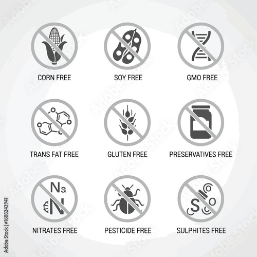 Collection of crossed out food ingredient symbols for allergen free labels and dietary needs vector