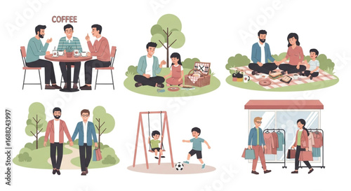 A collection of illustrations depicting diverse people enjoying various outdoor and indoor activities.