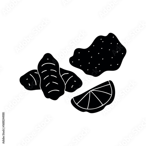 Black and white drawing of potato, chips, and slice of orange.